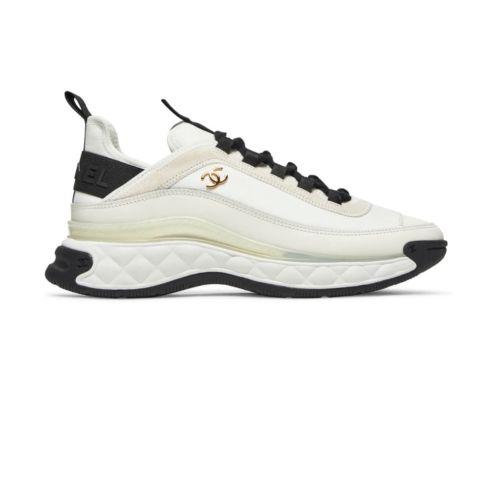 CHANEL Velvet Calfskin Mixed Fibers CC Sneakers 38 Ivory Black